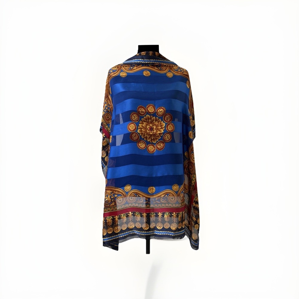 VTG Elaine Gold Scarf Shawl Regal Old Money Elegant Coin‎ Print Baroque Blue Red